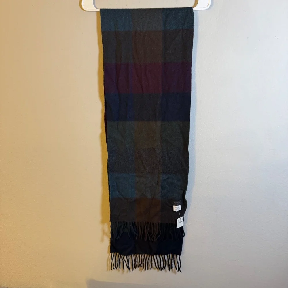 J.Crew Mens 100% Cashmere Scarf Navy Blue Green Plaid Check Fringed New